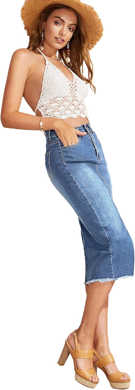 SheIn Women's Slit Midi Denim Skirt Below Knee Length Stretchy Slim Fit Jean Pencil Skirt: Clothing
