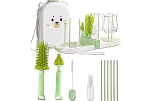 DETSUK Travel Baby Bottle Cleaner Kit with Storage Case – 6-in-1 Compact Bottle Brush Set for Infant Feeding, Breast Pump Parts & On-The-Go Washing – Baby Travel Essentials for Flying (Green)