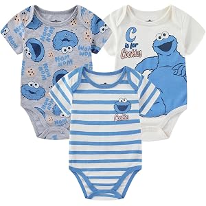 Sesame Street Cookie Monster Baby Boys 3 Pack Bodysuit for Newborn and Infant