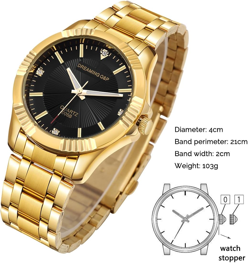 DREAMING Q&P Gold Stainless Steel Men's Watch - 005 IP Plated Dress Wristwatch for Male,Crystal Index,Adjustable Length (Gold-D) - Image 3