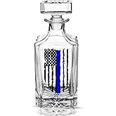 Thin Blue Line Tattered Flag Police Officer Whiskey Decanter With Glass Stopper Custom Gift For Men Dad Father's Day