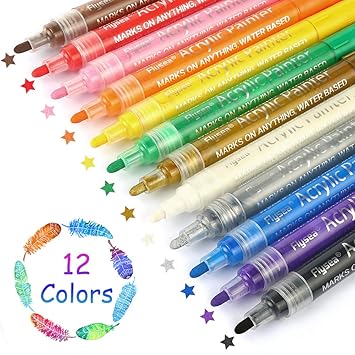 Acrylstifte Marker Stifte, 12 Farben Premium Wasserfest Paint Marker Set Art Filzstift Acrylic Painter für Glasmalerei,Garten