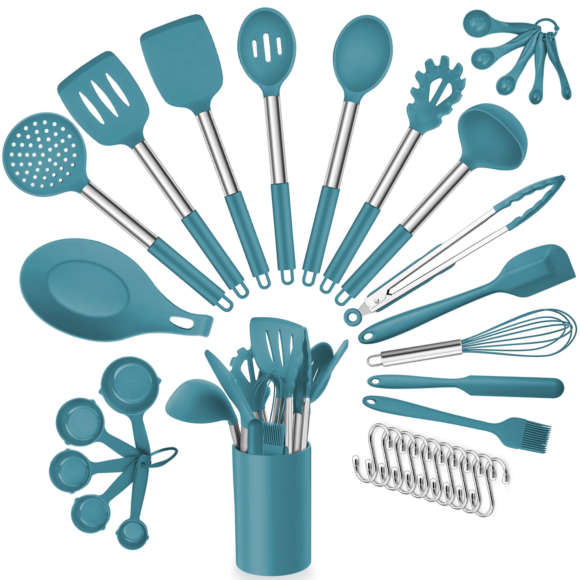Joyfair Kitchen Utensil Set, 34 Pcs Silicone and Stainless Steel Cooking Utensils Set with Holder, Heat Resistant Kitchen Tool Accessories Include Spatulas Spoons Ladles for Non Stick Cookware, Blue