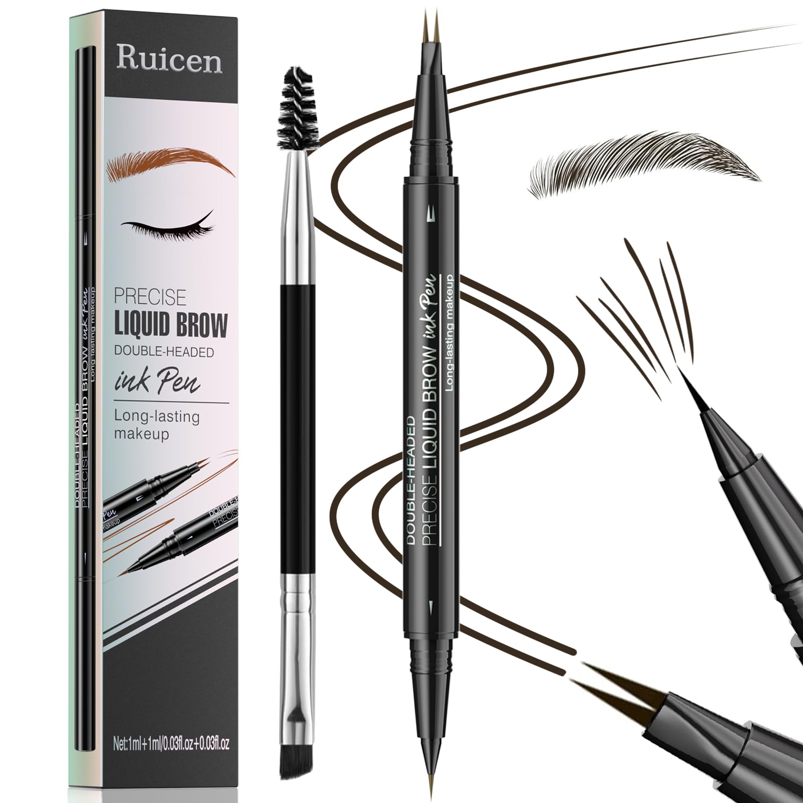 Eyebrow Pen - Eyebrow Pencil, Ruicen Microblading Eyebrow Pen 2-in-1 Dual-Ended Eye brow Pen with Micro-Fork-Tip and Precise Brush-Tip Create Natural Hair-Like Brows, Last All-Day, Black Brown