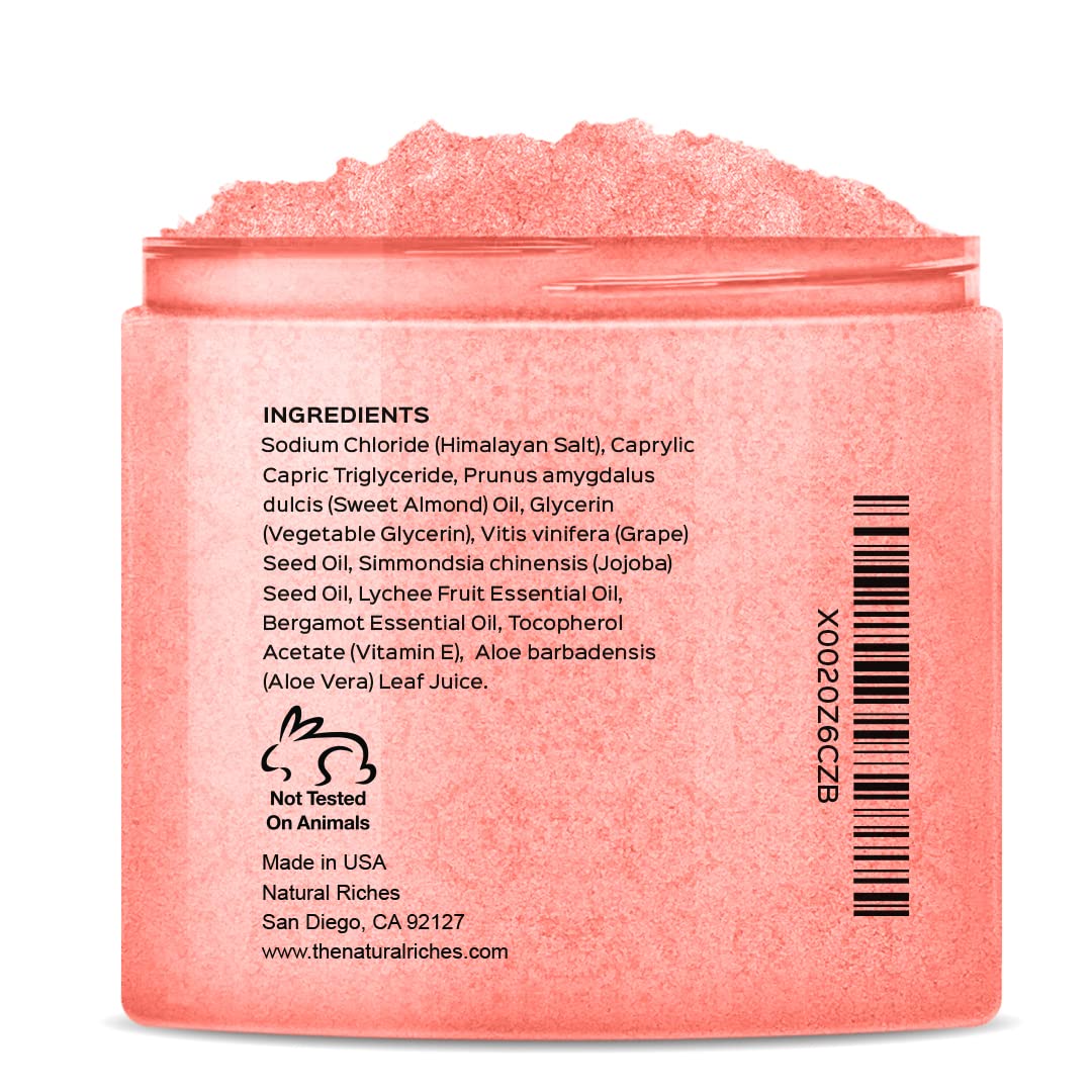 Natural Riches Himalayan Pink Salt Body Scrub, Exfoliating Salt Scrub for Women & Men, Deep Cleansing Body Exfoliant with Lychee & Bergamot Essential Oil – Natural Skin Polish for Smooth, Radiant Glow