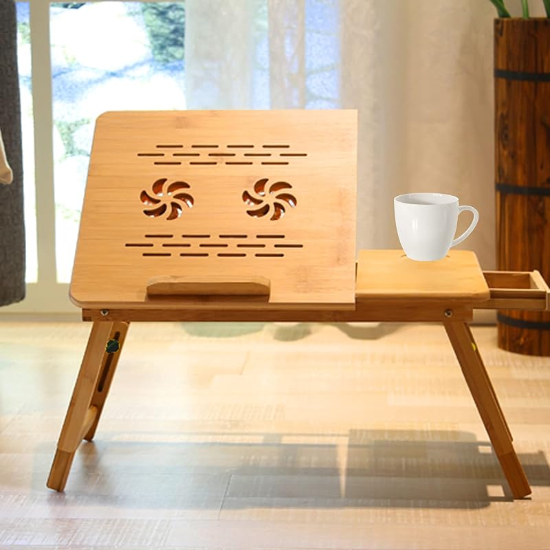Vivo Technologies Bamboo Laptop Bed Desk with Adjustable Tray and Drawer