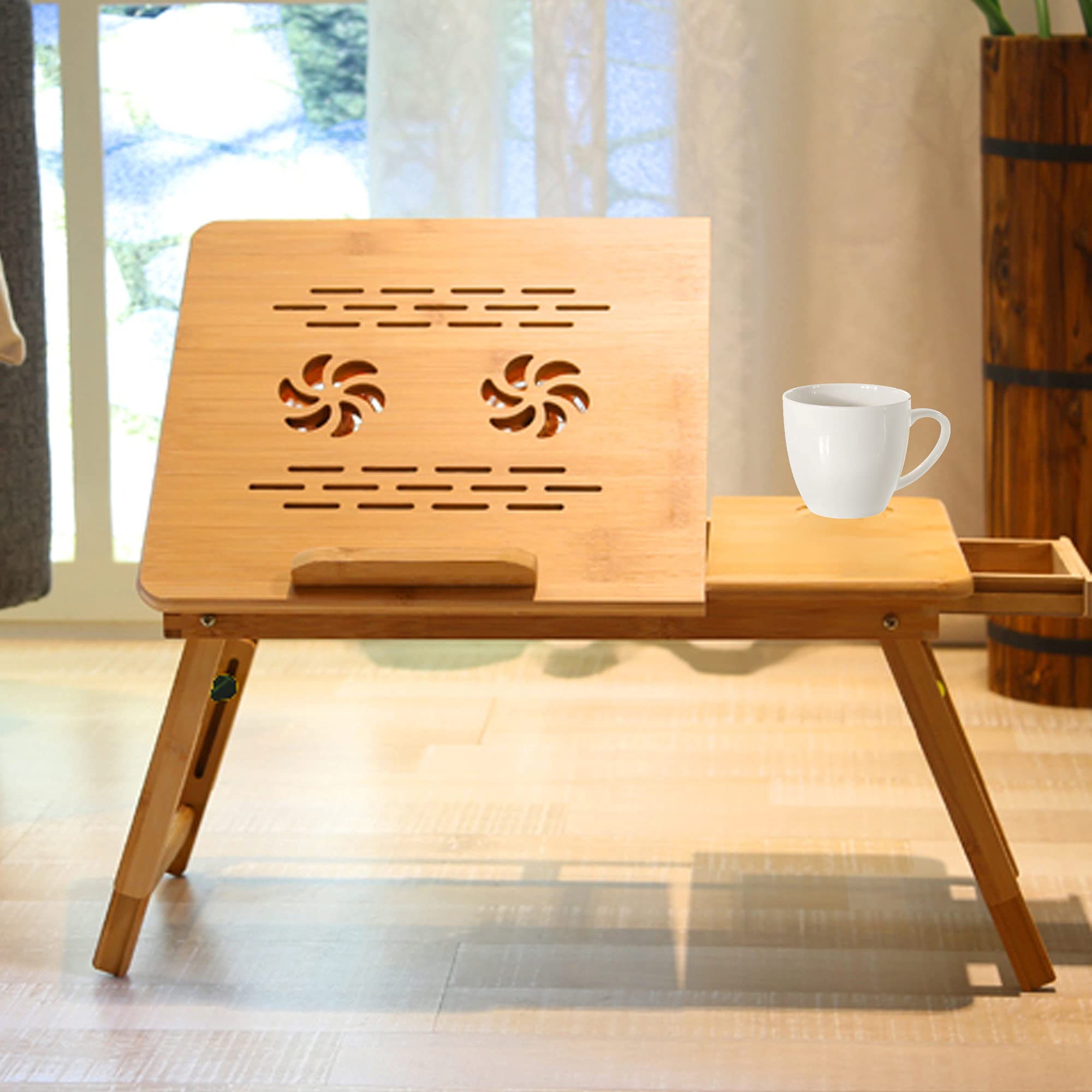 Bamboo Laptop Bed Desk, Laptop Table for Bed, Laptop Stand with Adjustable Trays and Foldable Legs Portable Bed Tray Notebook Stand with Drawer for Bed Sofa Couch