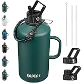 BJPKPK 1 Gallon Water Bottle Insulated with Straw Lid, 128oz Large, Stainless Steel Water Bottles with 3 Lids and Paracord Strap, Double Wall Vacuum Metal Water Jug,Army Green