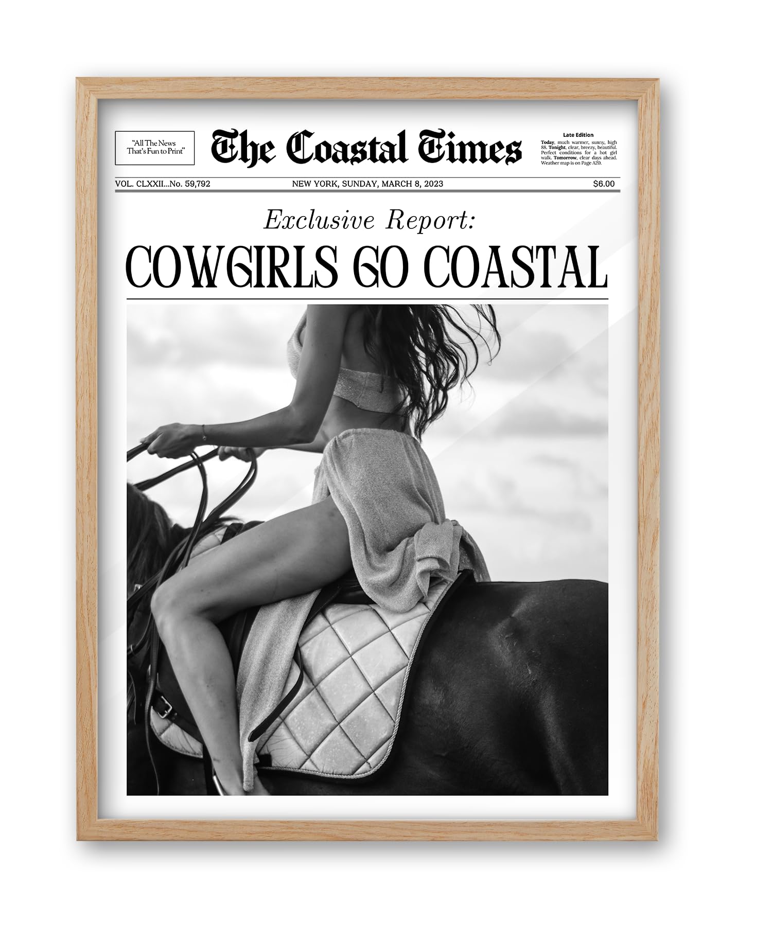 Photo 1 of iHery Cowgirls Go Coastal Framed NewsPaper Canvas Wall Art,Natural OAK Wood 12x16in Wall Decor For Bedroom, Trendy Western Horseback Riding Times for Dorm Living Room, Home Décor 1Pack