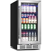 Feelfunn 15 Inch Beverage Refrigerator Under Counter,126 Cans,Silver | 37-65&deg;F,Glass Door,Removable Shelves,<42dB,Built-in or Freestanding Beverage Fridge for Beer Wine Soda in Home Kitchen or Bar