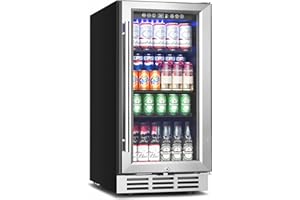Feelfunn 15 Inch Beverage Refrigerator Under Counter - 126 Cans Beverage Fridge with Glass Door for Beer Wine Soda - Built-in or Freestanding Wine Cooler with Safety Lock for Home Kitchen Bar