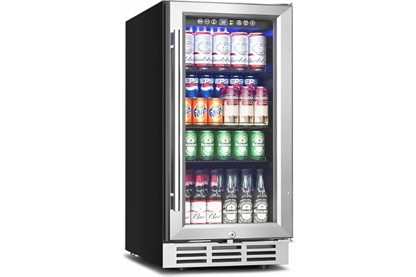 Feelfunn 15 Inch Beverage Refrigerator Under Counter - 126 Cans Beverage Fridge with Glass Door for Beer Wine Soda - Built-in or Freestanding Wine Cooler with Safety Lock for Home Kitchen Bar
