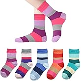 Marchare Girls Cotton Crew Socks Kids Casual Socks School Socks Rainbow Stripes 5 Pack