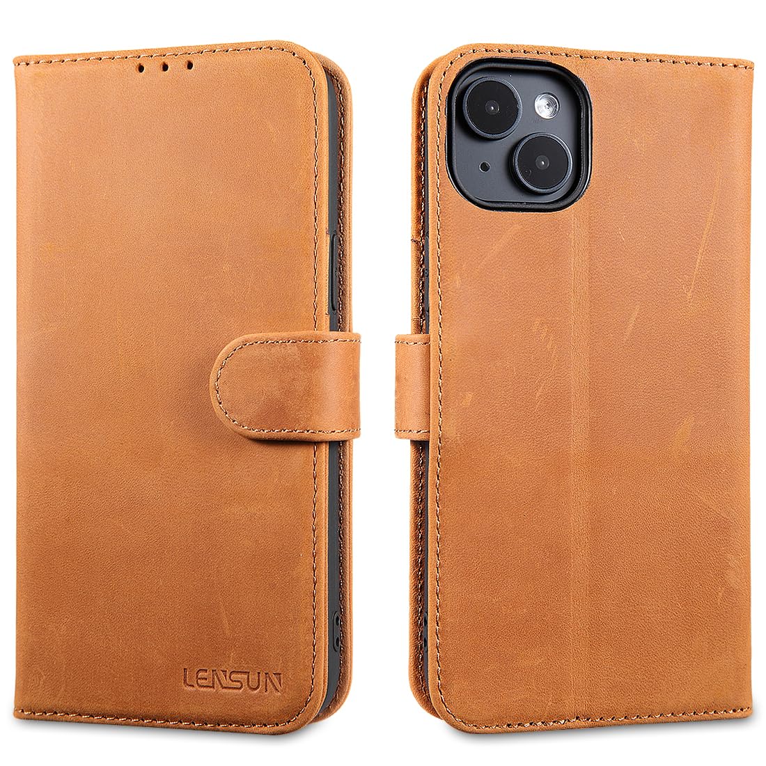 LENSUN Flip Case for iPhone 15 Plus, Genuine Leather Phone Cover [RFID] Wallet with Card Holder and Magnetic Closure Compatible with Apple iPhone 15 Plus - Vintage Brown — image 1