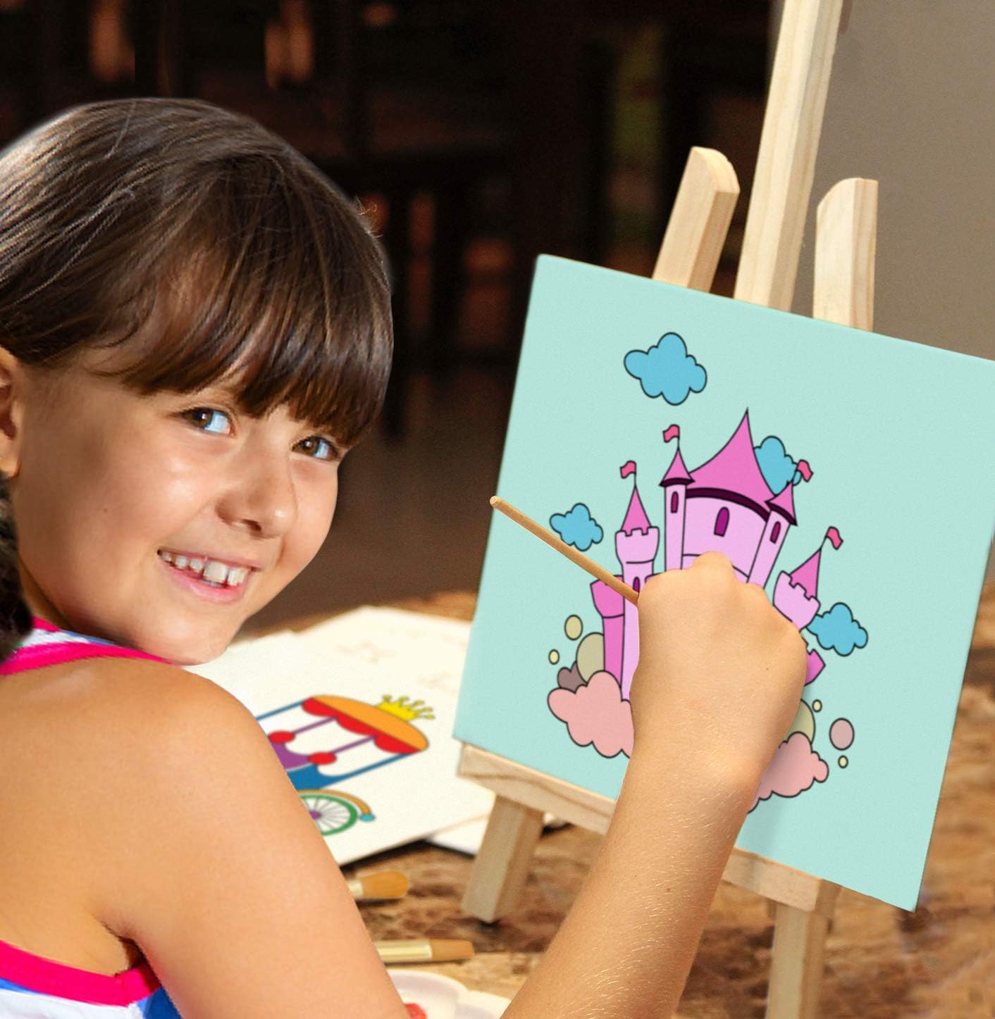 ETI Toys, 26 Piece Kids Art Painting Set with Wood Easel, 6 Princesses and Castles Themed Canvases, 12 Color Acrylic Paints, 5 Paint Brushes, Palette. Arts Studio for Artist Children Ages 6+ Years: Kitchen & Dining