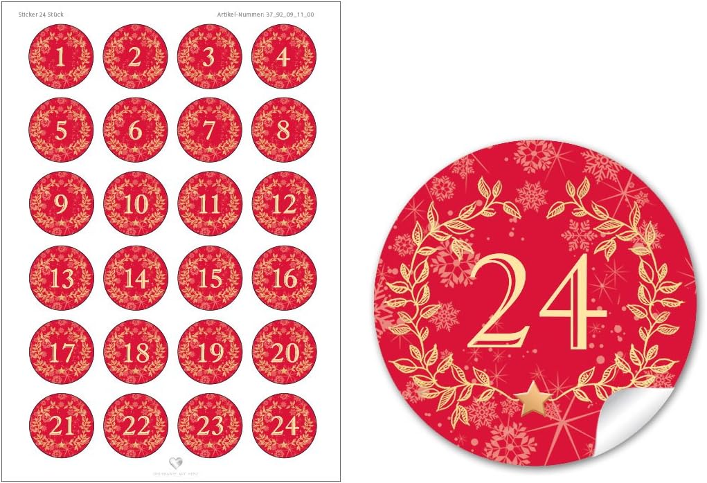 '24 Calendario de Adviento Números en rojo con Corona de Navidad y