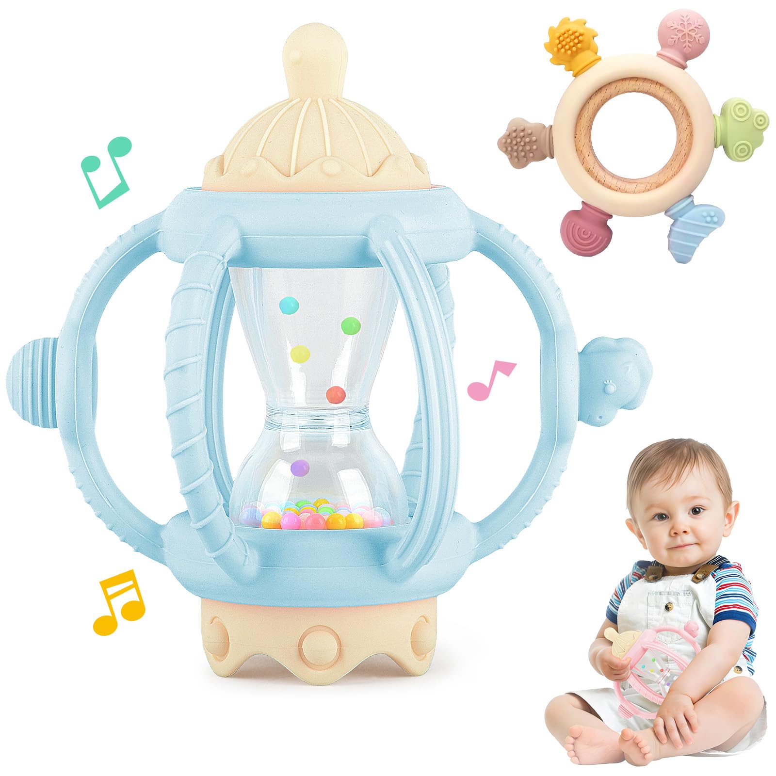 2PC Teething Toys for Baby 3 6 9 12 Months Baby Toy, Silicone Sensory Teething Rattle Grabbing Ball + Teether Ring for Babies, Babys Teethers 0-6 Months Toys, Christmas Newborn Toy Gifts — image 1