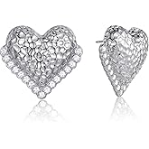 Puffy Heart Drop Earrings | Hammered Effect Textured Heart Stud Earrings with Crystals | 18K Gold Chunky Bold Statement Earrings for Women