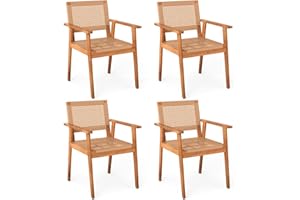 HAPPYGRILL Outdoor Acacia Wood Dining Chairs, Patio Armchairs with Wicker Backrests and Seats, Rattan Chairs for Backyard Gar