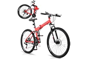 CamPingSurvivals 24/26/27.5 Inch Foldable Bikes for Adults 21 Speed Mountain Bike, Adult Bicycle with High Carbon Steel Frame, Full Suspension, Dual Disc Brake & Adjustable Ergonomic Seat(Black/Red)