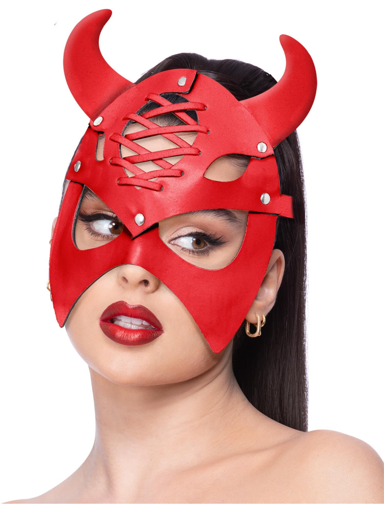 Smiffys Fever Red Mock Leather Devil Mask, Fever Accessories Fancy Dress, Devil Dress Up Masks