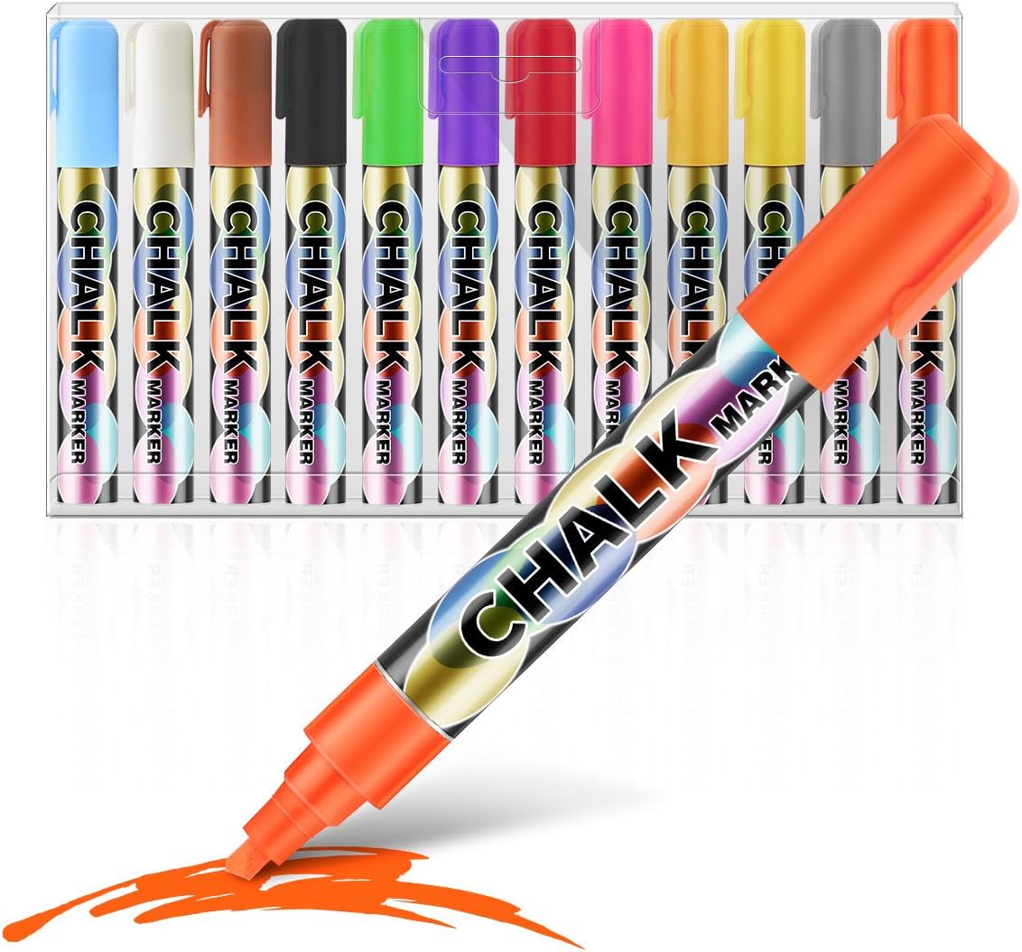 Anpress 12 Pcs Chalk Markers Pen Non Toxic Wet Wipe Erasable Pen for Chalkboard Windows Blackboard Signs Glass