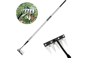 QIKSTREN Forged Iron Weeding Rake,Gardenia 2.0 Iron Weed Rake with Long Handle,Thickened 5 Teeth Carbon Steel Garden Weeding and Leaf Removal Tools