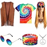 SATINIOR Men Hippie Costume Sets Tie Dye T Shirt Fringed Vest for Carnival Party Halloween Cosplay