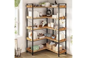 L-Shaped 5-Tier Corner Bookshelf, 66in Tall Industrial Wooden Bookcase with Open Storage Shelves and Metal Frame, Display She