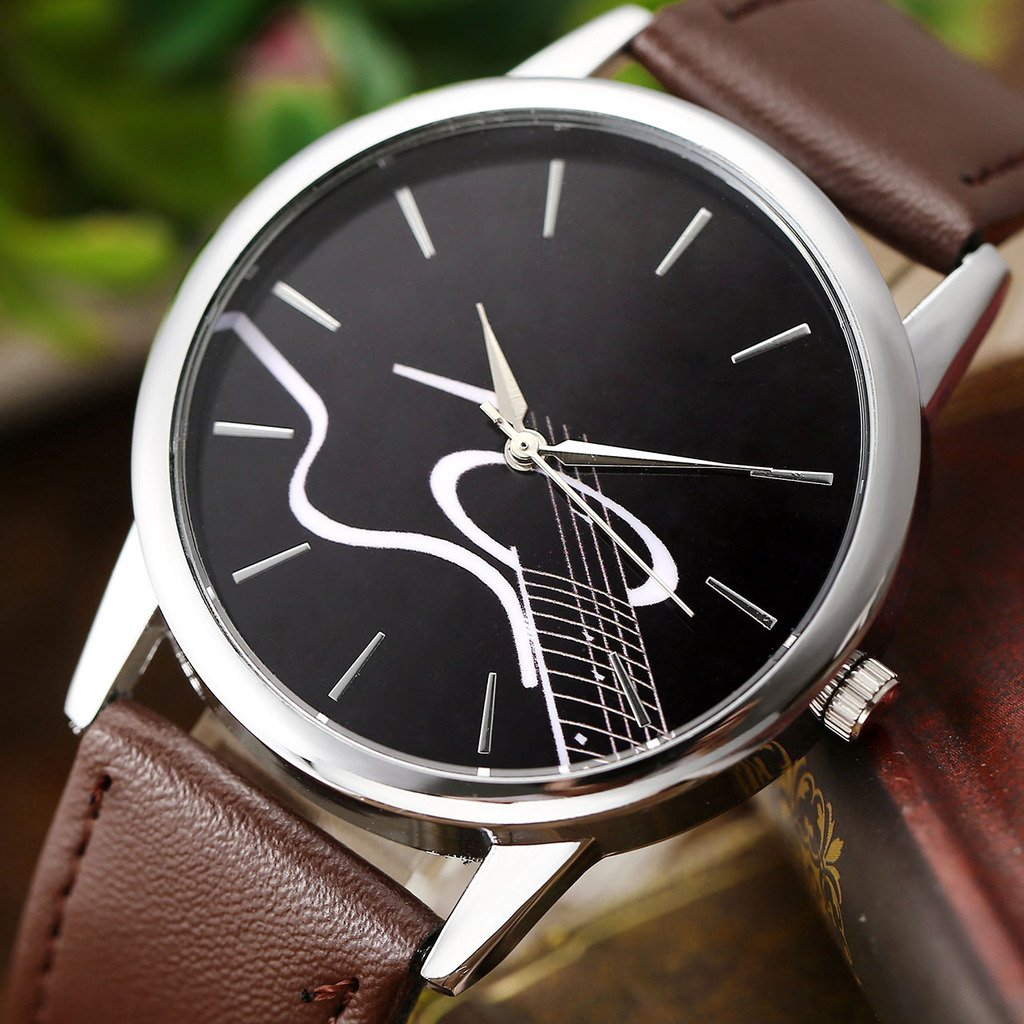 Top Plaza Guitar Dial Musical Instrument Unisex Fashion Analog Quartz Watch with PU Leather Band-Coffee