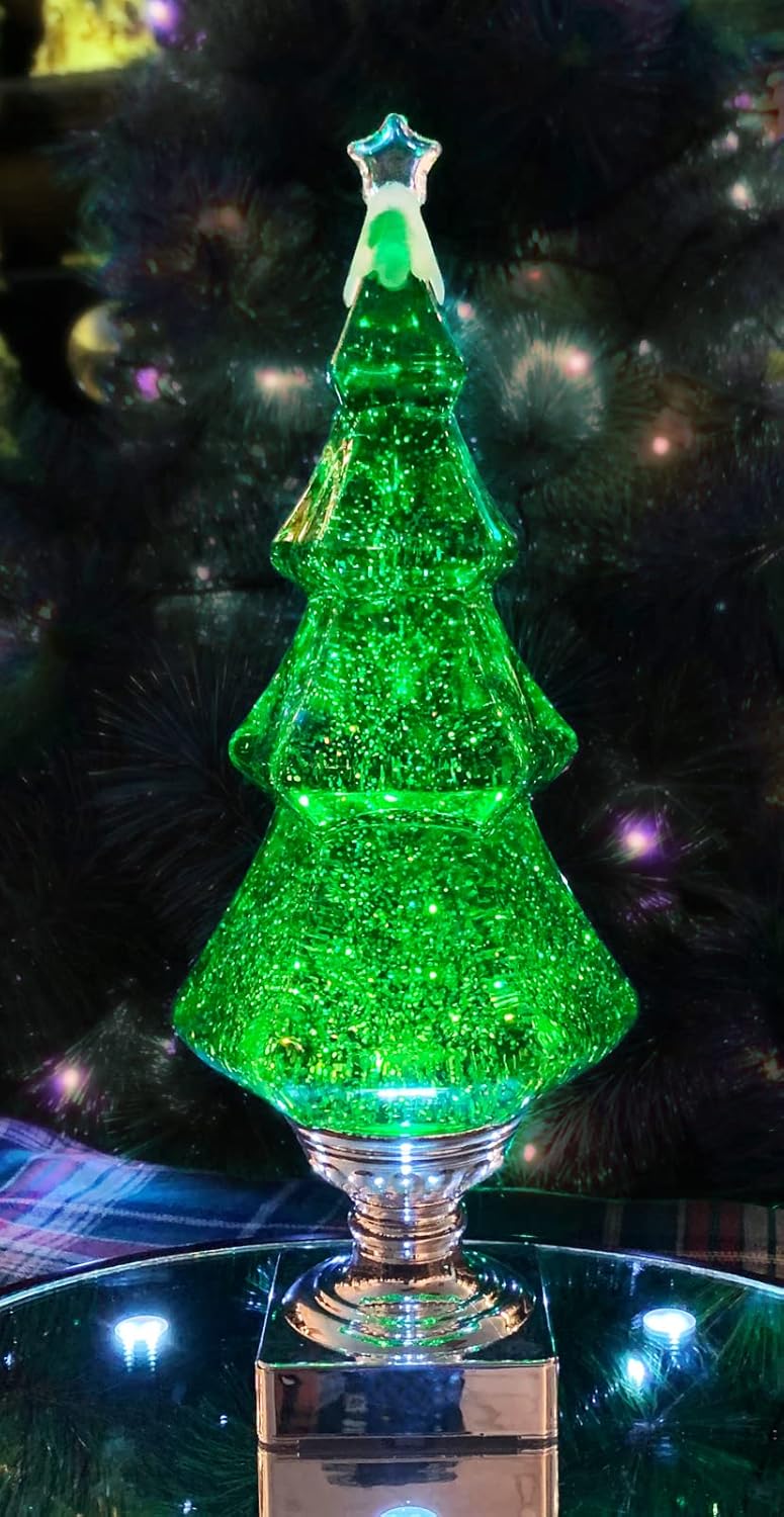 Snow Globes - Christmas Tabletop Decor, Snow Globe Water Spinning LED Lighted Green Christmas Tree, Battery Operated (not Included) (14.0