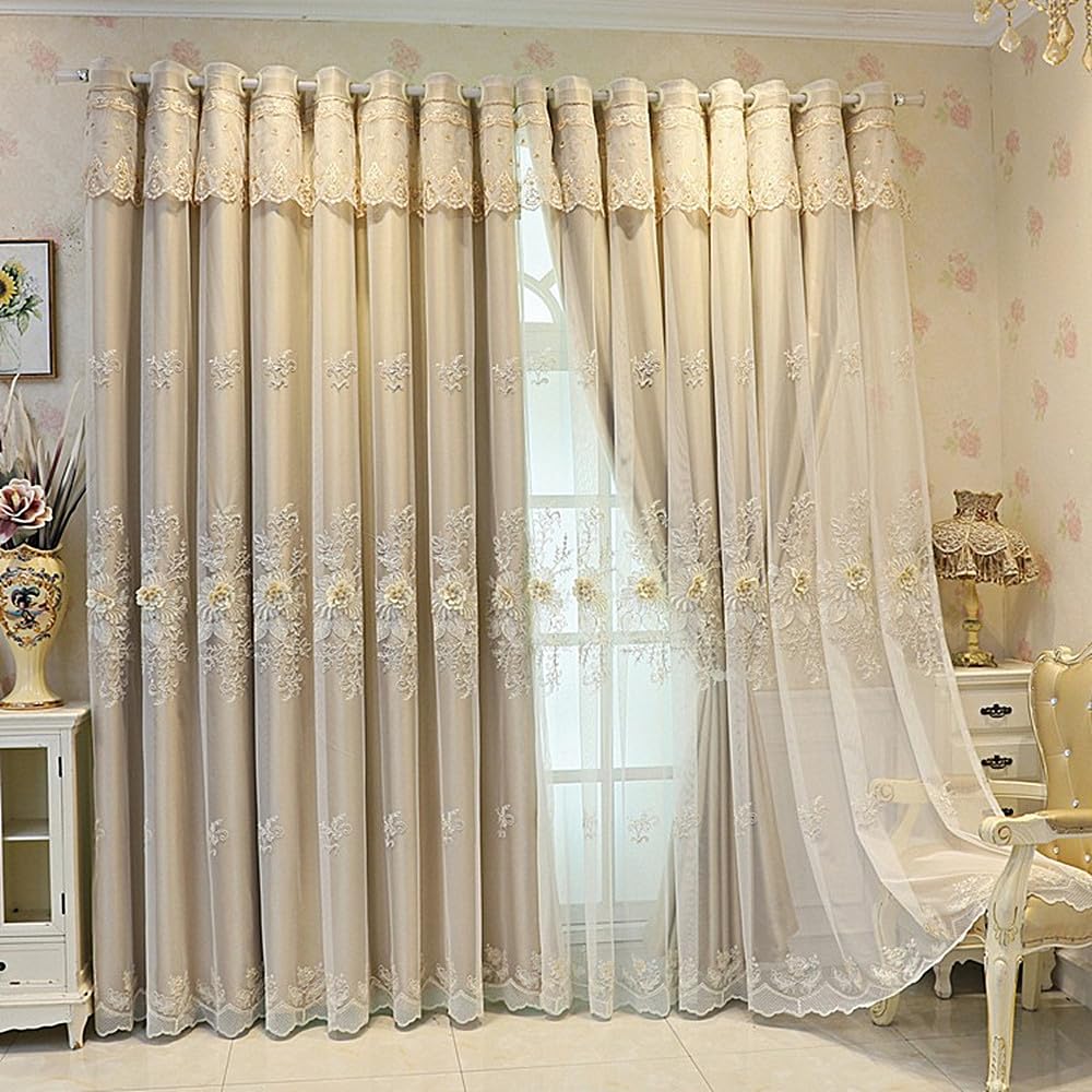 Photo 1 of Amidoudou 1 Pair Luxury European Curtains with Valance for Living Room Bedroom Double Layer Embroidered Room Darkening Curtains (Light Brown,51x102 Inch)