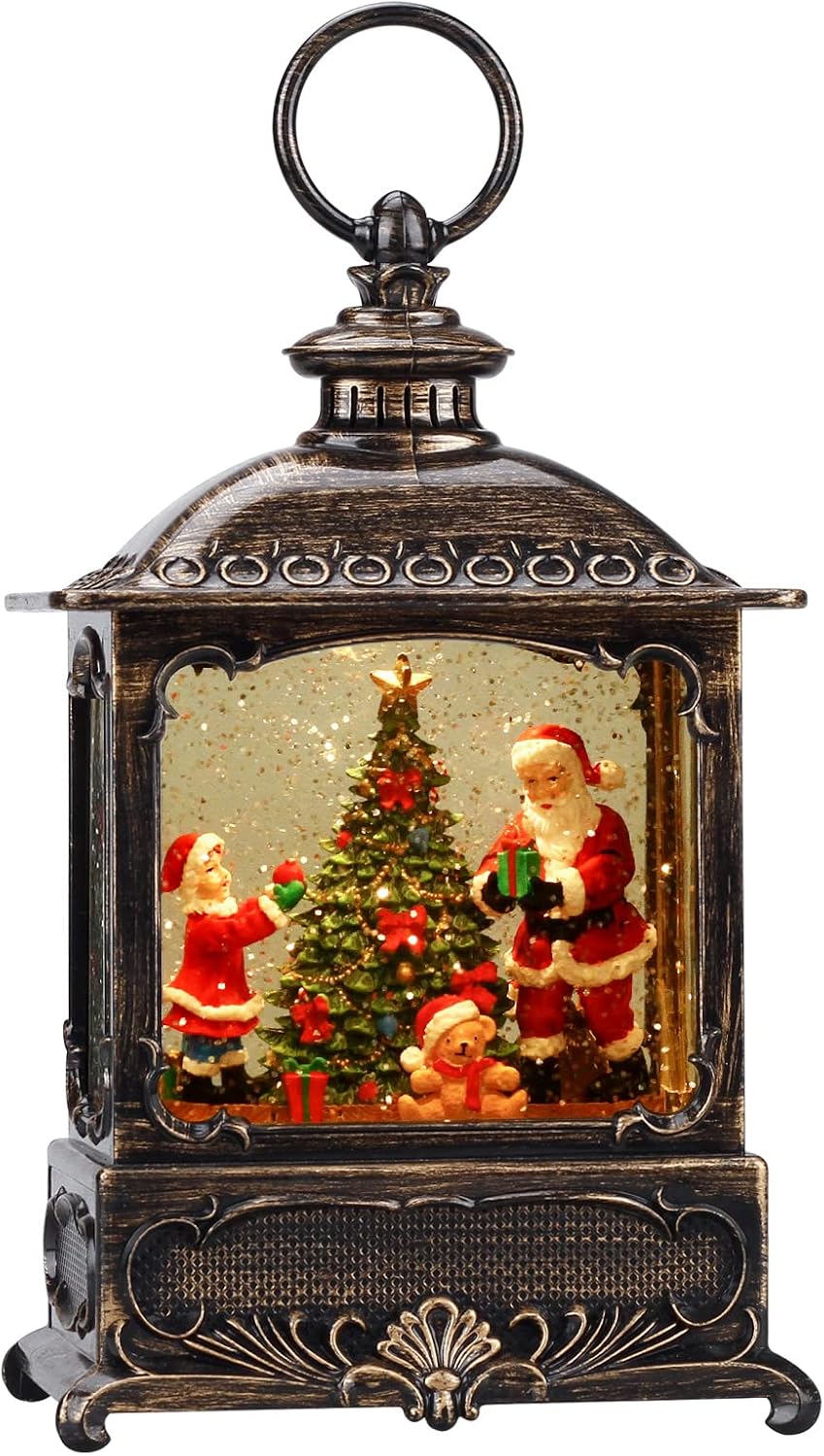 Snow Globes - Christmas Church Decorations Musical Snow Globe Lantern, Lighted Snow Globe with Swirling Glitter , 3 AA Battery Operated & USB Powered, Santa Claus and Christmas Tree with Gifts