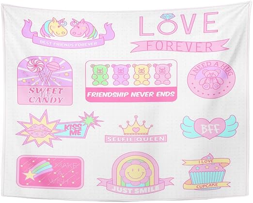 Amazon Com Emvency Tapestry Blue Cute Girly Badges Girl Sweet