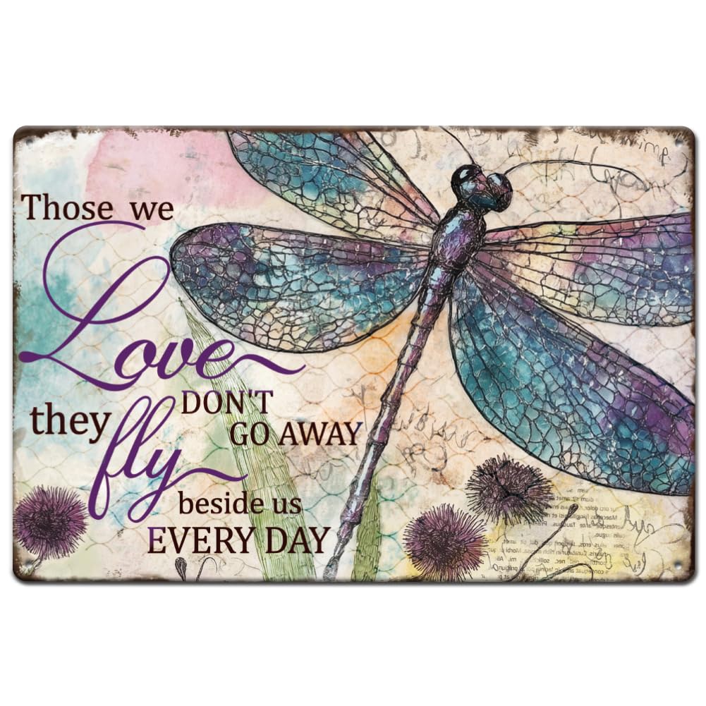 SUPERDANT Dragonfly Metal Signs We Love Don'T Go Away Tin Sign Inspirational Quotes Wall Plaques Metal Wall Art Vintage Decor for Man Cave Bedroom living Room Home Decor