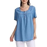 FASHIONSPARK Women's Denim Shirt Pleat V Neck Blouse Short Sleeve with Buttons Basic Casual Jean Shirt