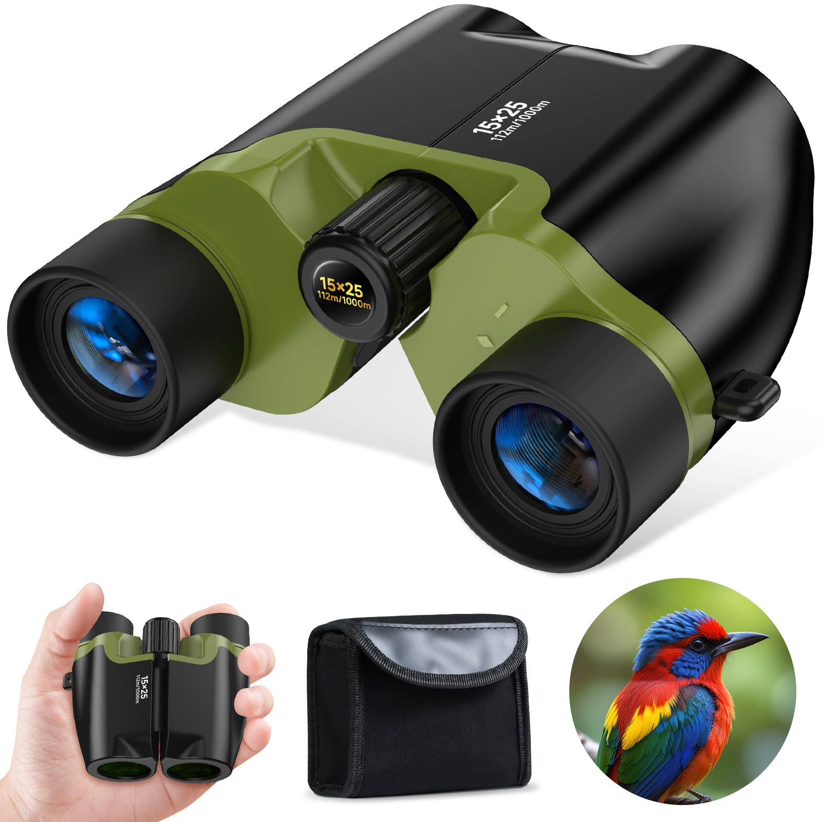 Compact Binoculars for Adults and Kids with BAK4 Prism,15x25 FMC Lens Waterproof Binocular with Low Light Vision,Small Binoculars for Cruise Ship Bird Watching (Green)