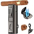 TISFA Torch Lighter Triple Jet Flame, Cigar Punch, Cigar Holder, Refillable Butane Cigar Lighter, Adjustable Windproof Pocket Lighters for Smoking, Multifunctional Cigar Accessories Ideal Gift for Men