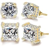 ADAIER 2 Pairs Cubic Zirconia Stud Earrings for Women & Men 24K Gold Plated Sterling Silver Post,CZ Simulated Diamond Halo Studs Sensitive Ear Friendly Gift (ED-32)