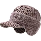 JHDESSLY Winter Beanie with Brim Ear Flaps for Men Women, Warm Fleece Lined Knit Hat Stocking Caps for for The Cold Weather