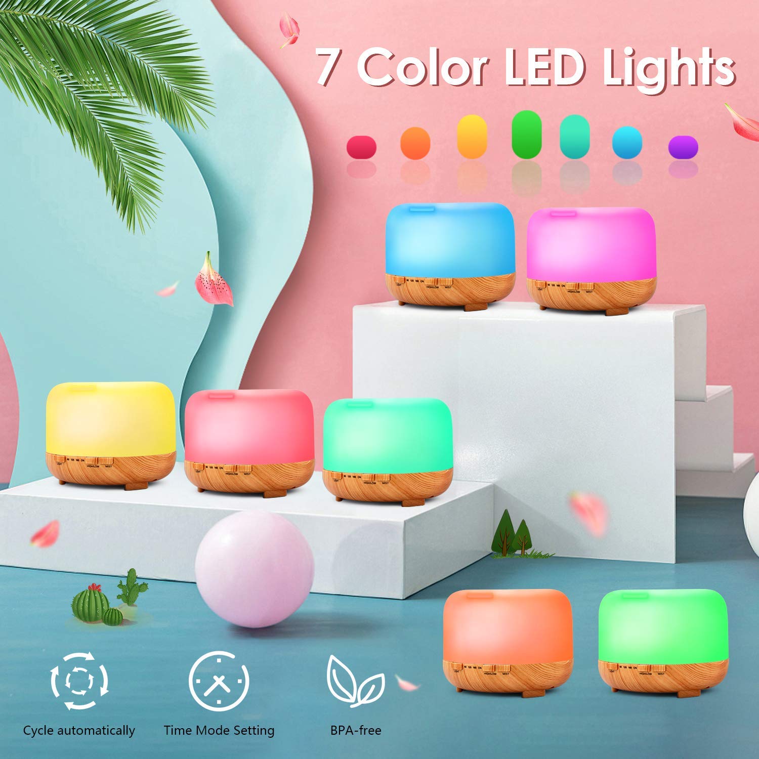 RENWER Essential Oil Diffuser, 500ml Remote Control Diffusers for Essential oils, Ultrasonic Humidifier, Aromatherapy Diffuser with 7 Color LED Lights & Waterless Auto-Off : Beauty