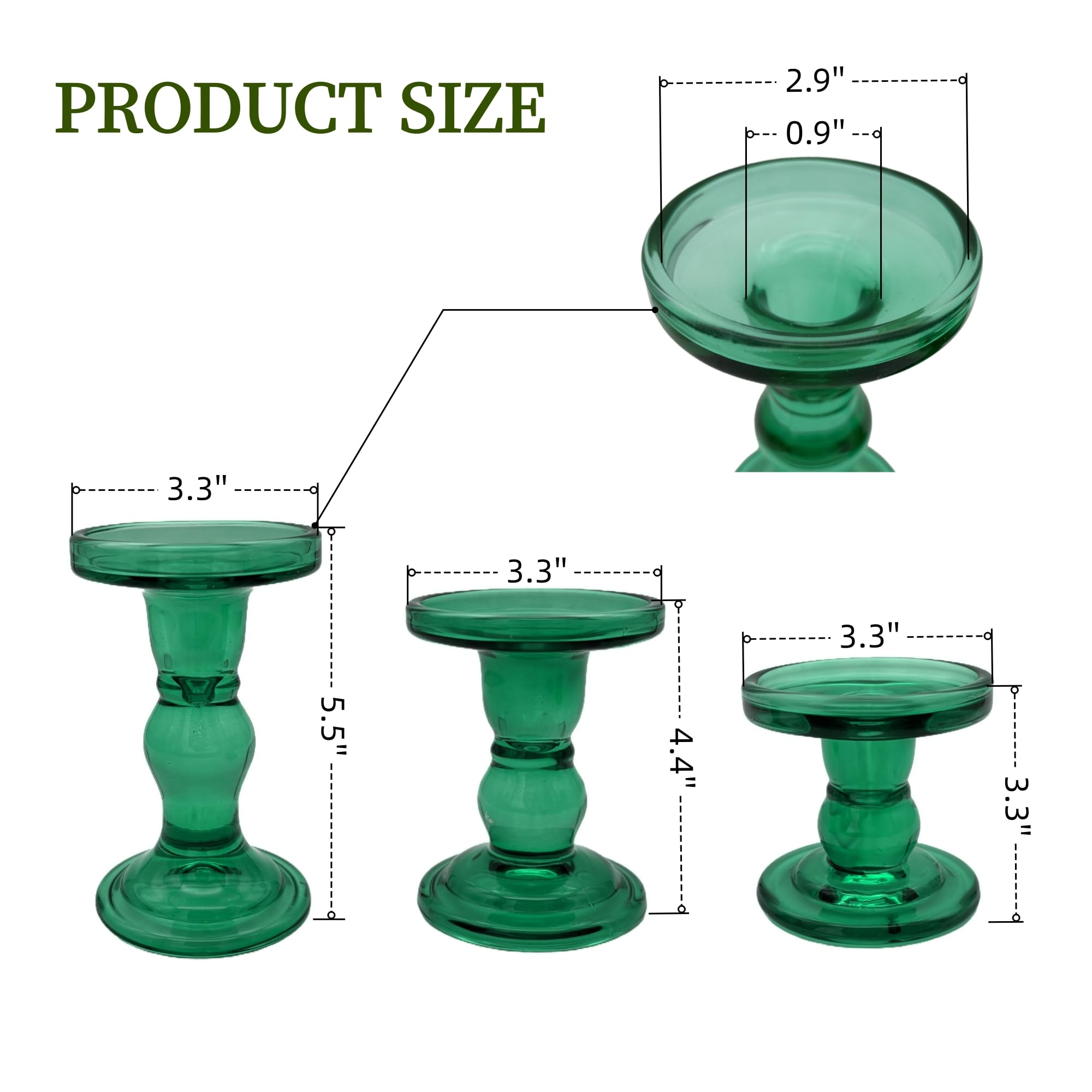 Green Glass Candle Holders Set of 3 Clear Candlestick Holders Vintage Candle Stands for Pillar Taper Candle Tealight Home Decor Table Centerpieces Christmas, Candleholder Sets with 4 Pcs Taper Candles