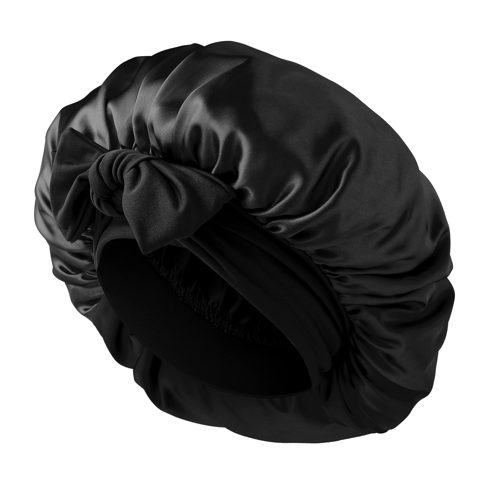 Abeillo Silk Sleep Bonnets for Women, 1PC Adjustable Satin Night Sleeping Cap Soft Elastic Band Silk Bonnets for Sleeping, Hair Bonnet with Tie Band for Curly Hair Braid Women (Black) — image 1