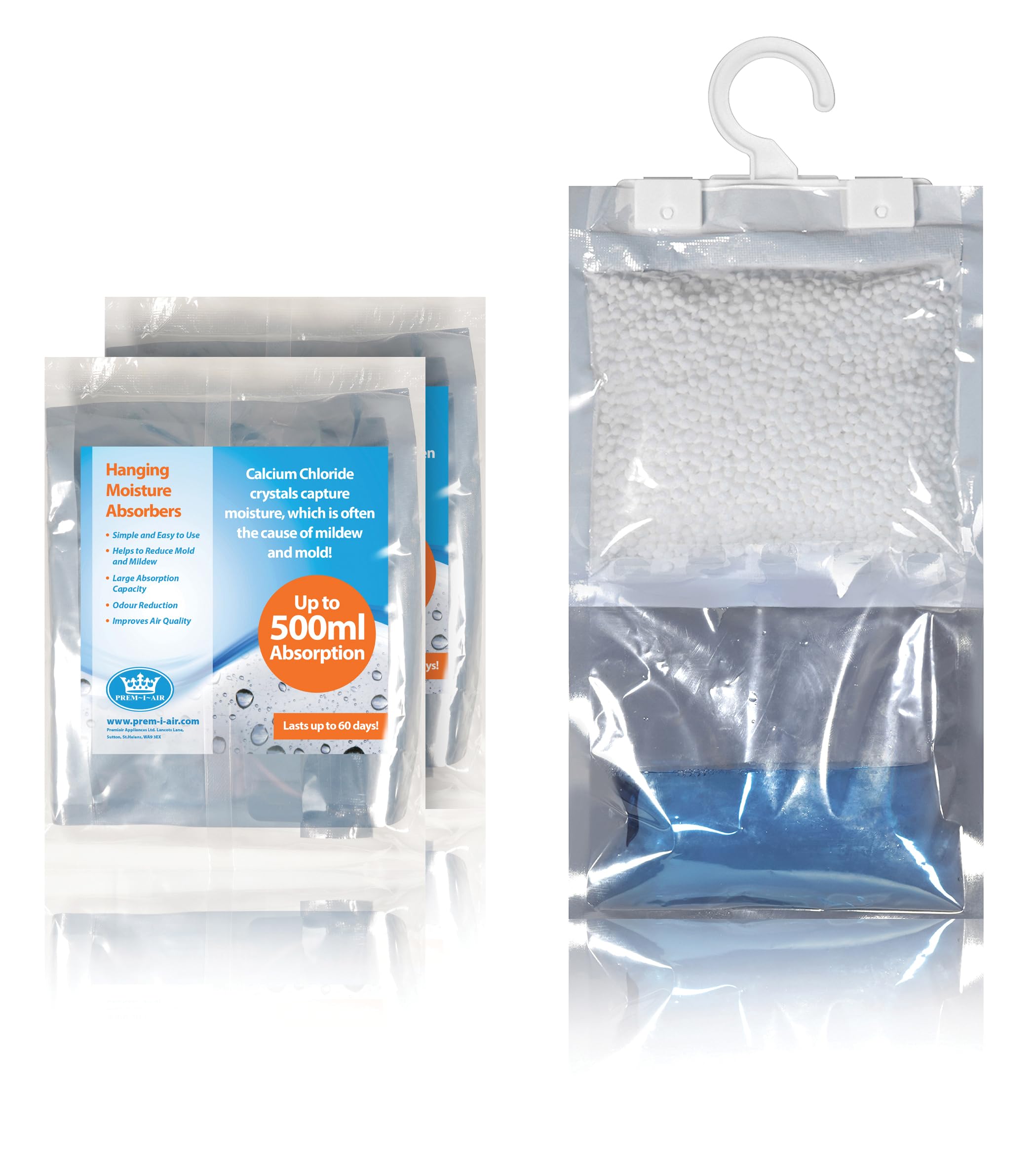 Prem-i-air Hanging Moisture Absorber Dehumidifier Reduces Damp, Humidity & Condensation in Wardrobes, Cupboards, Home, Kitchen, Bedroom, Caravan, Office, 3 Pack Basement 500ml Absorption Each