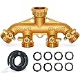 Morvat New & Improved Heavy Duty Brass 4 Way Splitter, Garden Hose Manifold Connector with Comfort Grip ON/OFF Valves, Adapter for Water Faucet & Spigot, Includes Washers, Teflon Tape