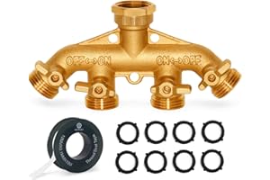 Morvat Brass 4-Way Splitter LEAD-FREE, Heavy-Duty Garden Hose Manifold Connector with Improved Comfort Grip ON/OFF Valves, Adapter for Water Faucet & Spigot, Includes 8 Washers, Teflon Tape (1-Pack)