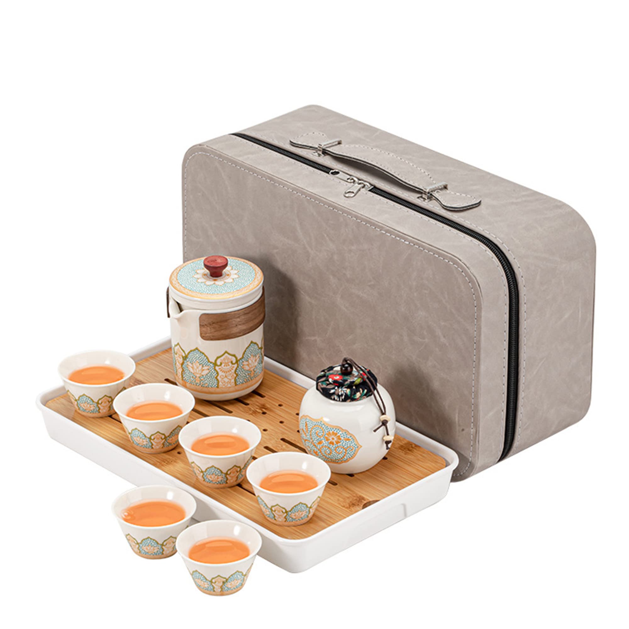 fanquare White Chinese Portable Travel Tea Set, Handmade Teapot and Cups Set with Travel Bag for Picnic, Camping