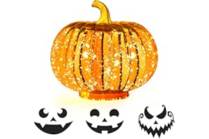 Rocinha Mercury Glass Pumpkin Light Up Pumpkins with Timer, 5.5 Inch Halloween Pumpkin Decorations with Pumpkin Decorating Kits for Fall Autumn Thanksgiving Harvest Tables Centerpieces Pumpkin Decor