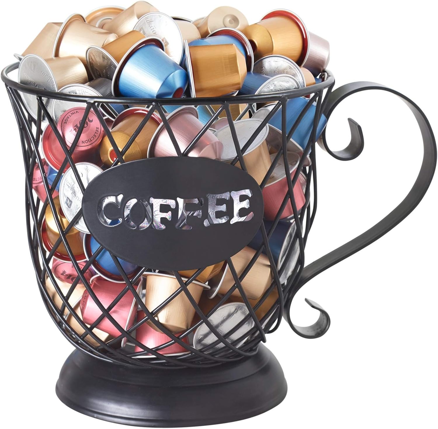 Burwells 70 Coffee Pod Capsule Storage Basket Coffee Cup Mug Shaped Worktop Countertop Kitchen Holder Black Metal