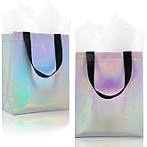 HiCivan Glossy Iridescent Gift Bags Medium Size with Tissue Paper 12Pcs 8x4x10in Reusable Goodie Bags Bulk with Handles for Party Favor, Wedding, Birthday, Christmas, Gift-giving